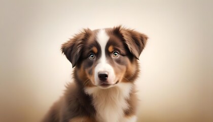 Close-up portrait Australian Shepherd Dog Puppy looking at camera, white background.