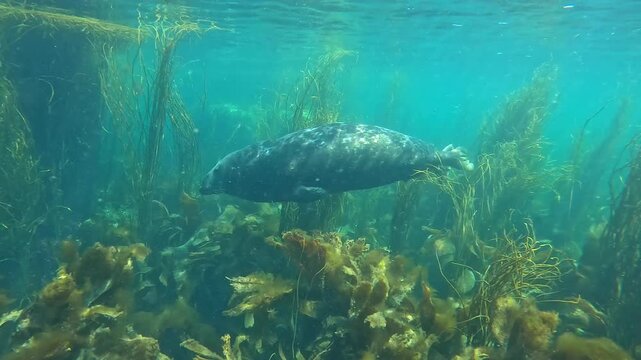 A male grey seal swims slowly through the kelp seaweeds, then turns and comes into a close-up side profile in front of the camera. Check my gallery for similar footages.