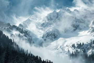 Generative ai on theme of descent of an huge avalanche from the mountain, winter nature landscape