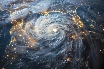 satellite view of a massive hurricane swirling over florida its eye clearly visible city lights glow through gaps in the storm clouds