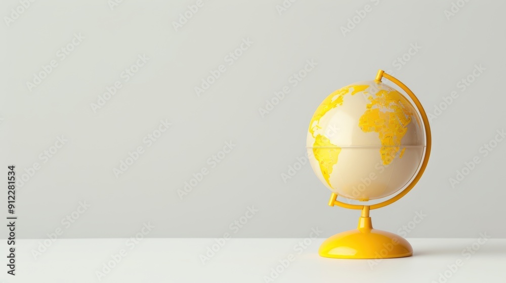 Wall mural A simple yellow globe on a stand, against a clean white background. The image provides plenty of copy space for adding text or graphics related to global concepts.