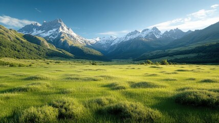 Fototapeta premium Green valley with digital grid nestled amidst snow-capped mountains.