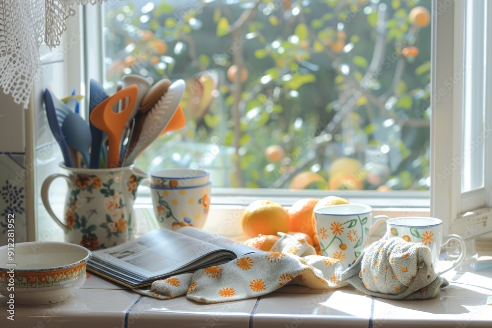 Poster bookshelf with books, cups, and oranges on a windowsill