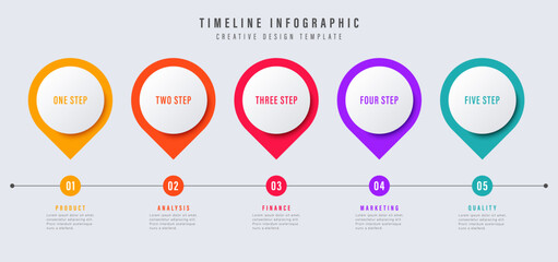 Business process timeline infographics 5 steps circles, chart, connection. Shapes for business template vector