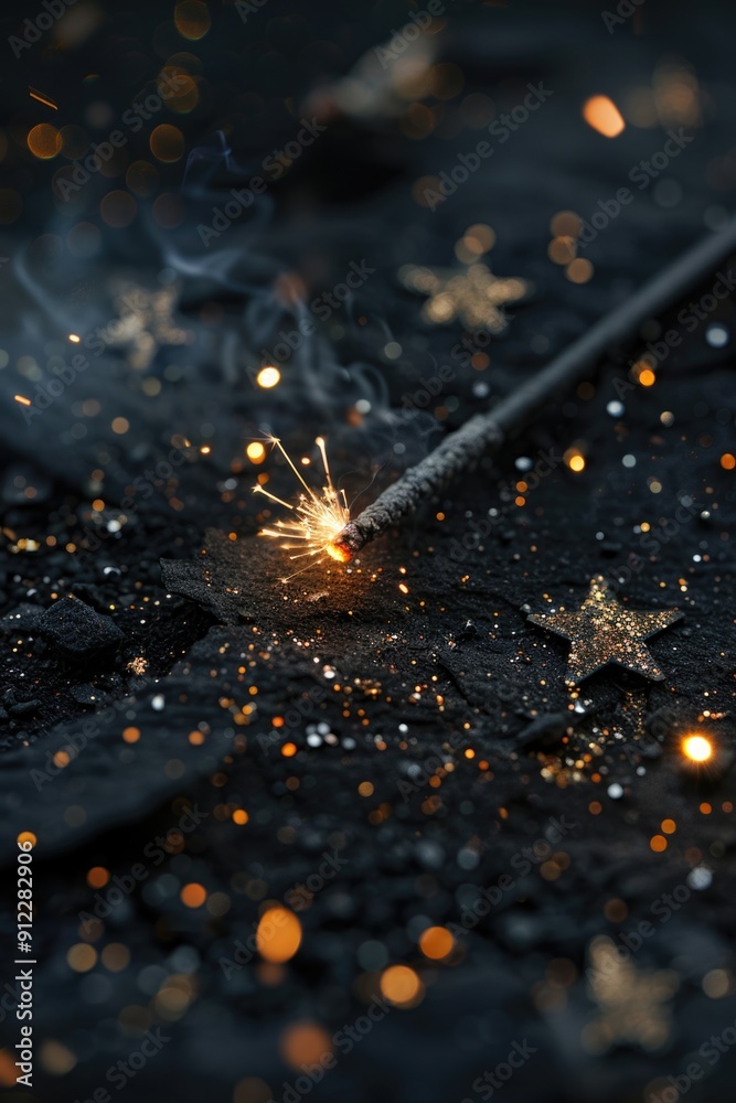 Poster a sparkler lying on the ground with a star shining brightly in the background