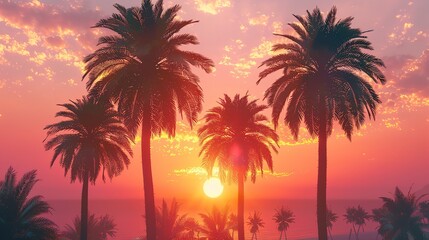 Vintage tone and bokeh lights enhance the sunset vacation scene with palm trees