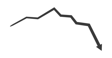 上昇後に右肩下がりに急落している黒い矢印 - 減る･下落･暴落のイメージ素材
