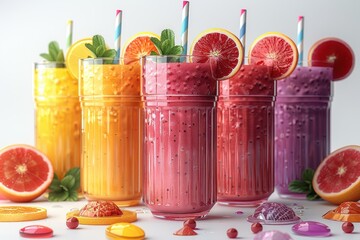 Various flavors of fruit smoothies on white background