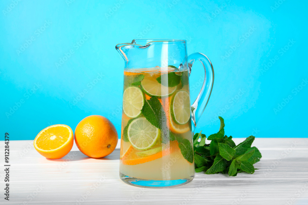 Canvas Prints Freshly made lemonade with mint in jug on white wooden table against light blue background