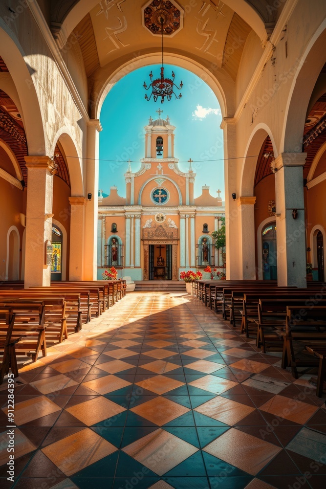 Poster a church with a clock tower and checkered floor, great for use in architecture or interior design im