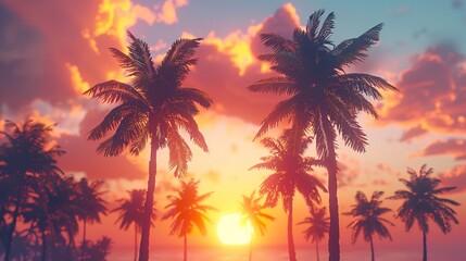 Vintage tone and bokeh lights enhance the sunset vacation scene with palm trees