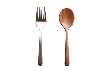 A Silver Fork and Wooden Spoon Resting Side by Side on a White or Clear Surface PNG Transparent Background.