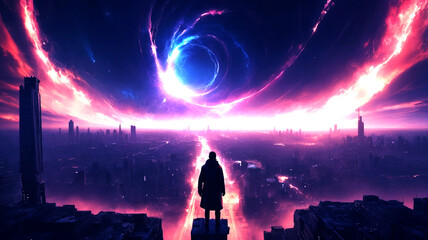 Cosmic vortex over a large city. A gritty, high-contrast cinematic keyframe with a shallow depth of field, featuring a blurred background and a subject in focus, evoking a sense of intimacy and drama.