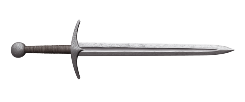 old medieval royal sword, antique weapon with rust metal. isolated on transparent white background. cut out