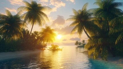 Beautiful island oasis, vibrant palm trees glowing under the radiant sunshine, perfect tropical retreat