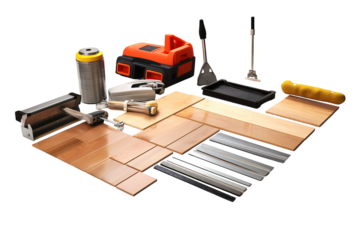 A Comprehensive Set of Tools and Materials for Installing a Beautiful Wood Floor on a White or Clear Surface PNG Transparent Background.