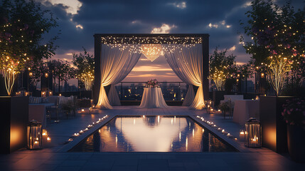 Elegant outdoor wedding reception setup with beautiful lighting and decorations by a reflective pool at sunset, creating a romantic atmosphere.
