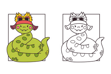 Cute friendly Chinese new year snake colouring page for kids, simple thick lines for preschool and kindergarten, coloured version included, vector illustration