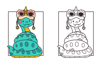 Cute friendly Chinese new year snake colouring page for kids, simple thick lines for preschool and kindergarten, coloured version included, vector illustration
