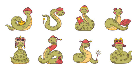 Cute green snake character collection, Chinese zodiac symbol with accessories, 2025 new year animal, vector illustration