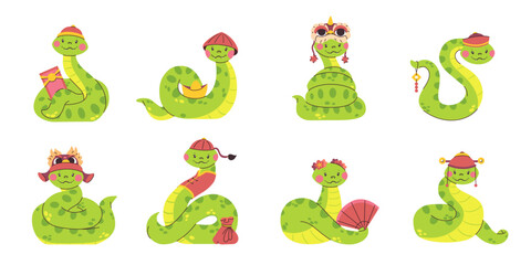 Cute green snake character collection, Chinese zodiac symbol with accessories, 2025 new year animal, vector illustration