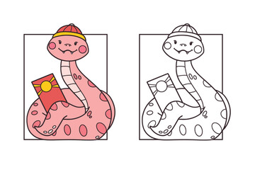 Cute friendly Chinese new year snake colouring page for kids, simple thick lines for preschool and kindergarten, coloured version included, vector illustration