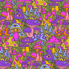Trippy psychedelic mushroom seamless pattern background, doodle sketch hand drawn style, vector illustration