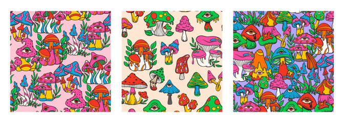 Trippy psychedelic mushroom seamless pattern collection, contour doodle sketch hand drawn style, vector illustration