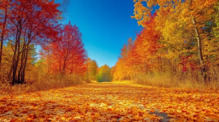 A vibrant display of autumn colors fills the forest path as fallen leaves surround the area, highlighting the beauty of nature during this seasonal transition