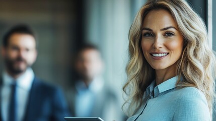 Fototapeta premium A confident businesswoman engages in discussions, holding a tablet in a contemporary office