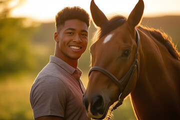 Obraz premium A man smiling next to a horse, with a beautiful sunset in the background, showcasing friendship and harmony with animals.