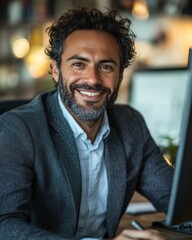 Obraz premium A man in a suit smiles confidently while seated at his desk in an office