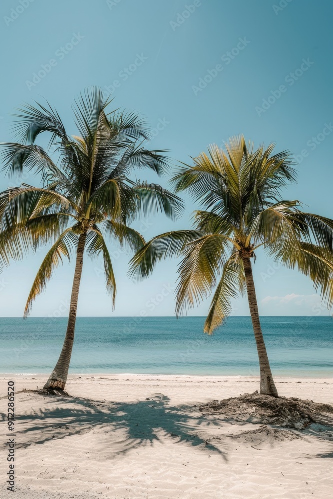 Poster two palm trees standing tall on a sandy beach with the vast ocean stretching out behind them