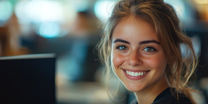 A cheerful young woman enjoys her workday at a bright and modern office space