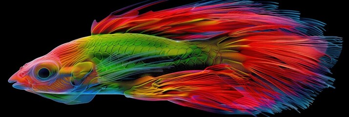 Obraz premium Vibrant close-up of a colorful betta fish with flowing fins against a black background, displaying brilliant reds, greens, and blues.