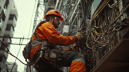 Skilled electrician working with complex wiring on a city infrastructure project, ensuring efficient electrical maintenance and safety.