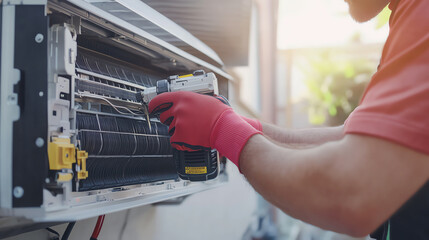 Technician cleaning and maintaining air conditioner unit with specialized equipment, ensuring optimal performance in residential setting.