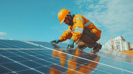 Technician in orange safety gear installing solar panels on a rooftop, showcasing renewable energy solutions under clear blue sky.