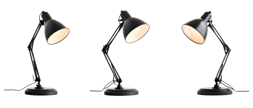 Three Black Desk Lamps with White Light On Isolated Black Background, Three Black Desk Lamps with White Light On Isolated Black Backgr