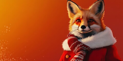 Obraz premium Trendy fox in a red and white Christmas coat and scarf, standing with a studio backdrop