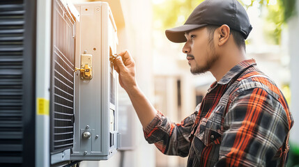 Technician working on air conditioning unit maintenance. Ensuring energy efficiency and proper functioning.
