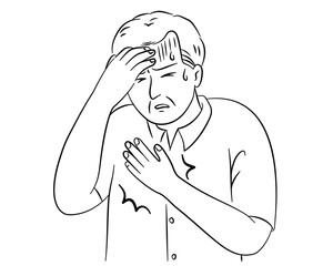 An old man have a headache and sweating with chest pain in line drawing.