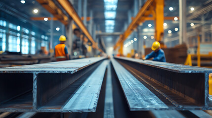 Fototapeta premium Warehouse workers wearing helmets inspecting stacks of metal beams in a large industrial warehouse with yellow machinery.