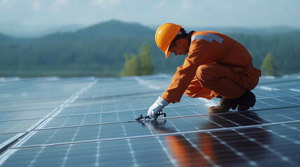 Worker in an orange uniform installing solar panels on a roof with a picturesque mountain backdrop, promoting sustainable energy solutions.