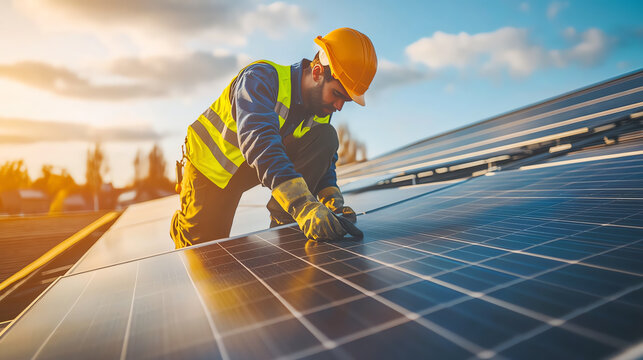 Worker in safety gear installing solar panels on rooftop during sunset, highlighting sustainable energy efforts.