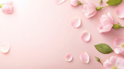 Soft pink flower petals scattered gently on a light pink background create a serene and tranquil atmosphere