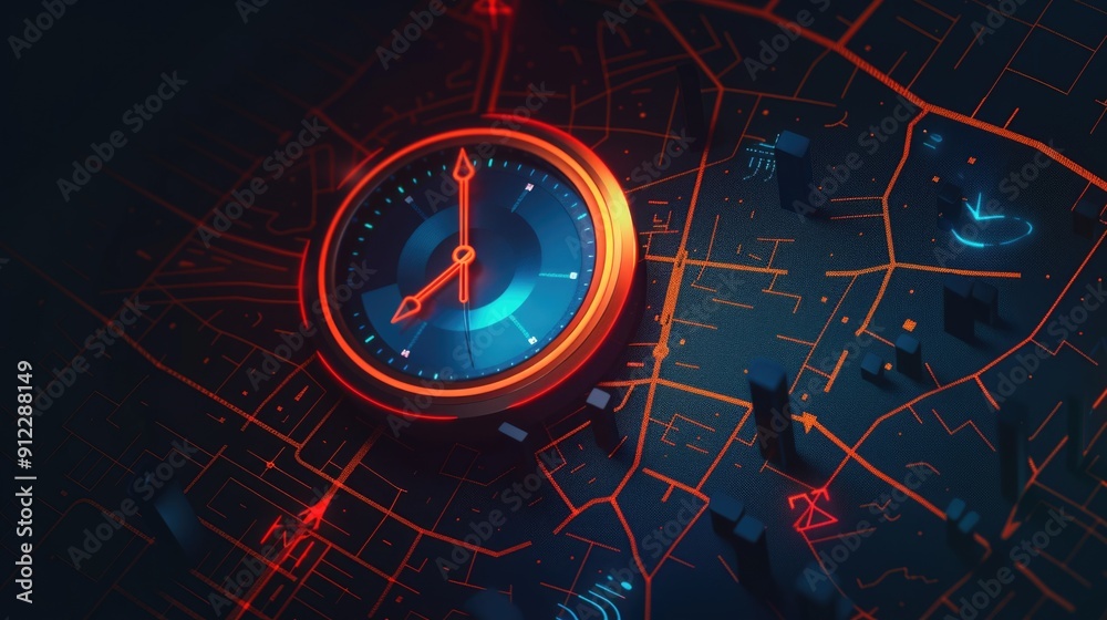 Poster A detailed view of a clock face on a map, ideal for use in travel or navigation themes