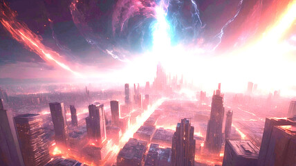 Cosmic vortex over a large city. A gritty, high-contrast cinematic keyframe with a shallow depth of field, featuring a blurred background and a subject in focus, evoking a sense of intimacy and drama.