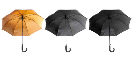 Three Umbrellas in a Row, Gold, Black and Gray, Isolated on Black Background, Isolated on Blac