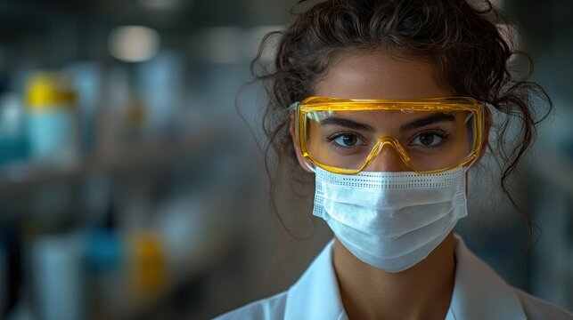 A scientist wears goggles and a mask while focused on tasks in a laboratory
